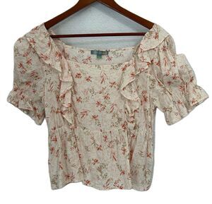 Good Luck Gem Blouse Women L Multicolored Beige Floral Ruffle Crop Cottage Boho